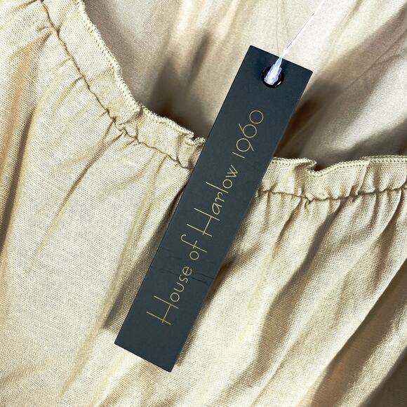 House of Harlow Ajay Mini Dress Linen Cotton Tan Puff Sleeves Babydoll Sz M - Picture 8 of 11